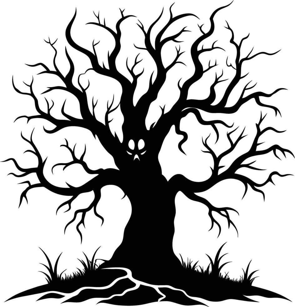 Halloween tree silhouette with scary face illustration vector