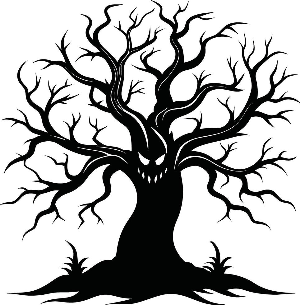Halloween tree silhouette with scary face illustration vector