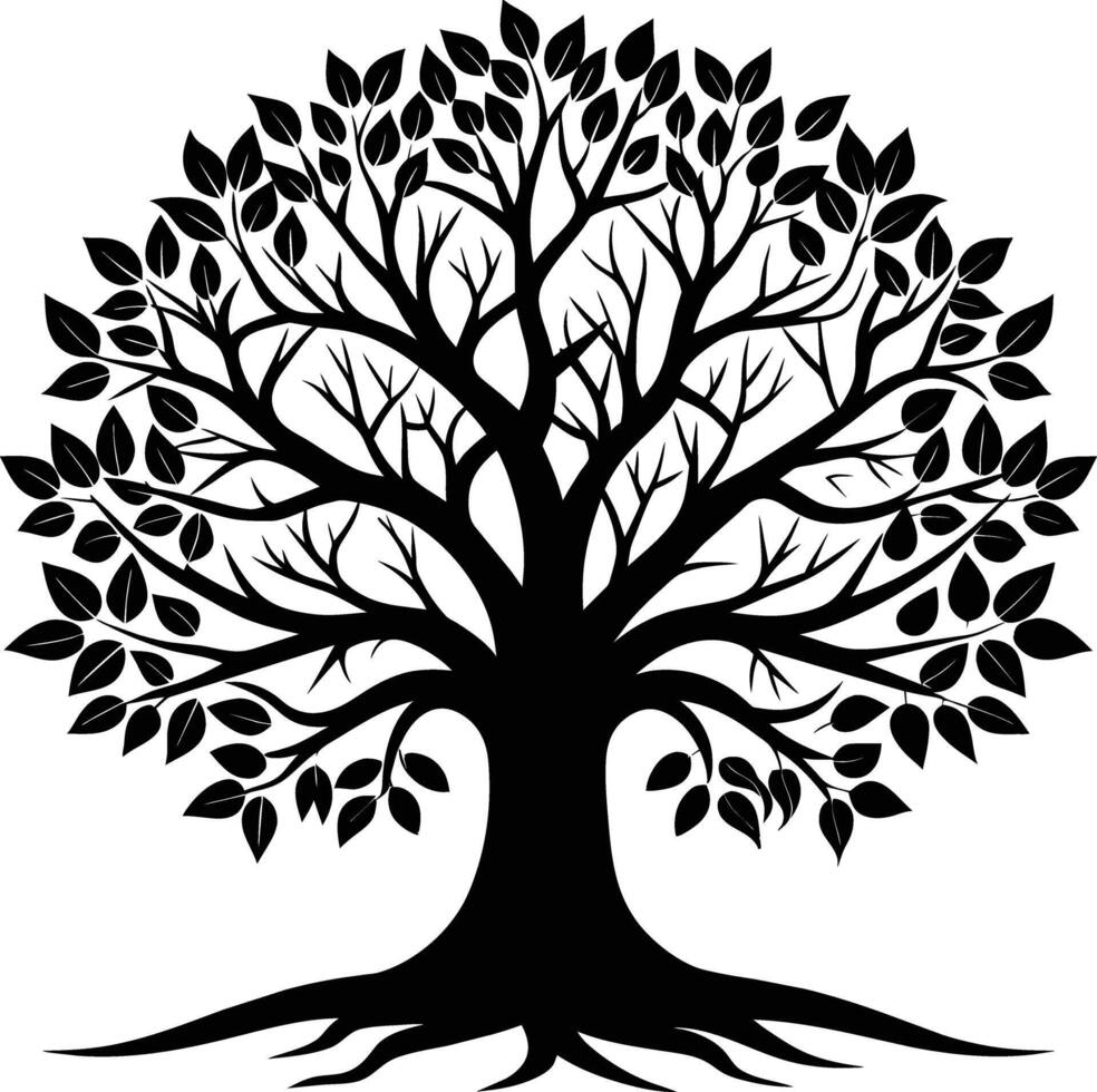 A black and white tree silhouette with roots and leaves vector