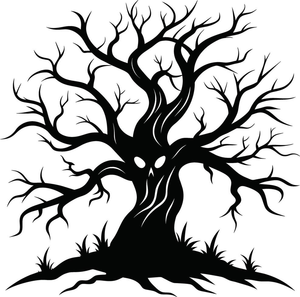 Halloween tree silhouette with scary face illustration vector