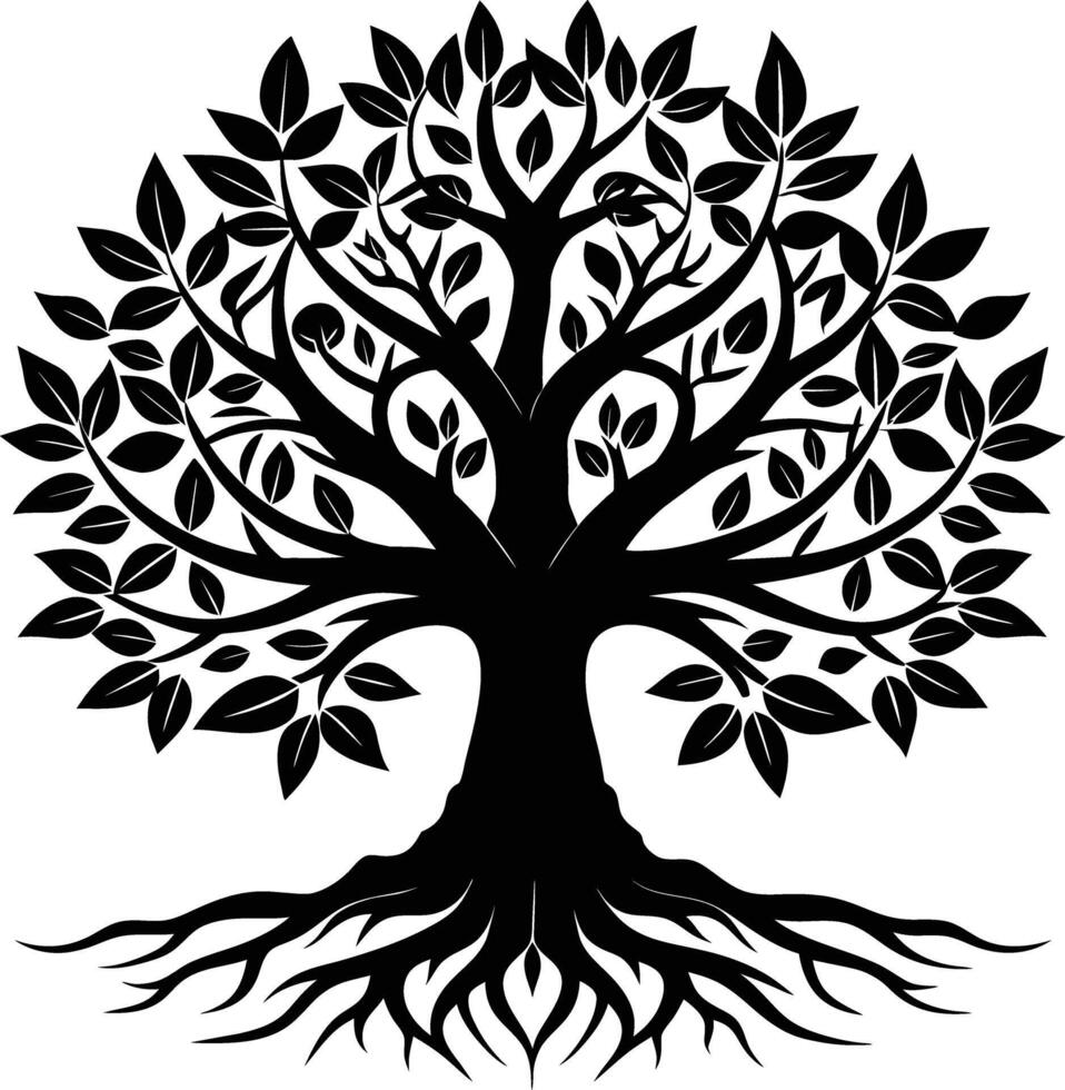 A black and white tree silhouette with roots and leaves vector