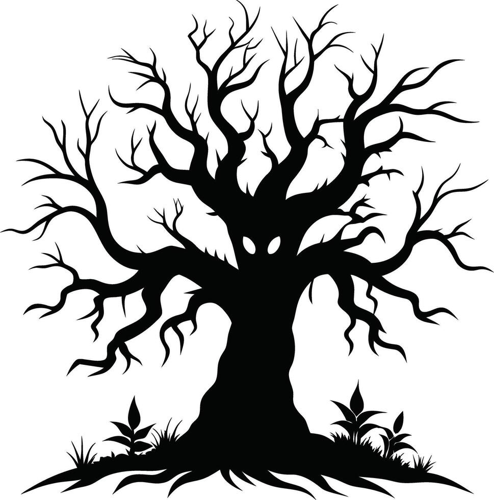 Halloween tree silhouette with scary face illustration vector