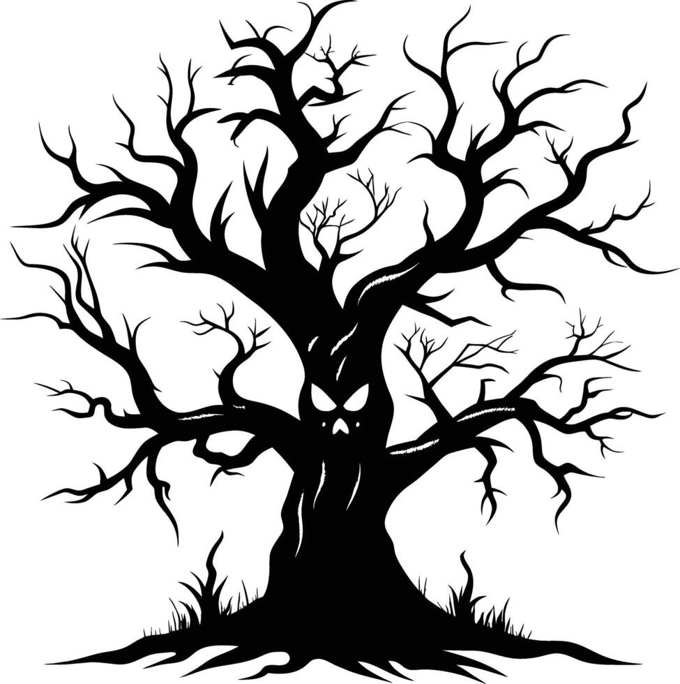 Halloween tree silhouette with scary face illustration vector