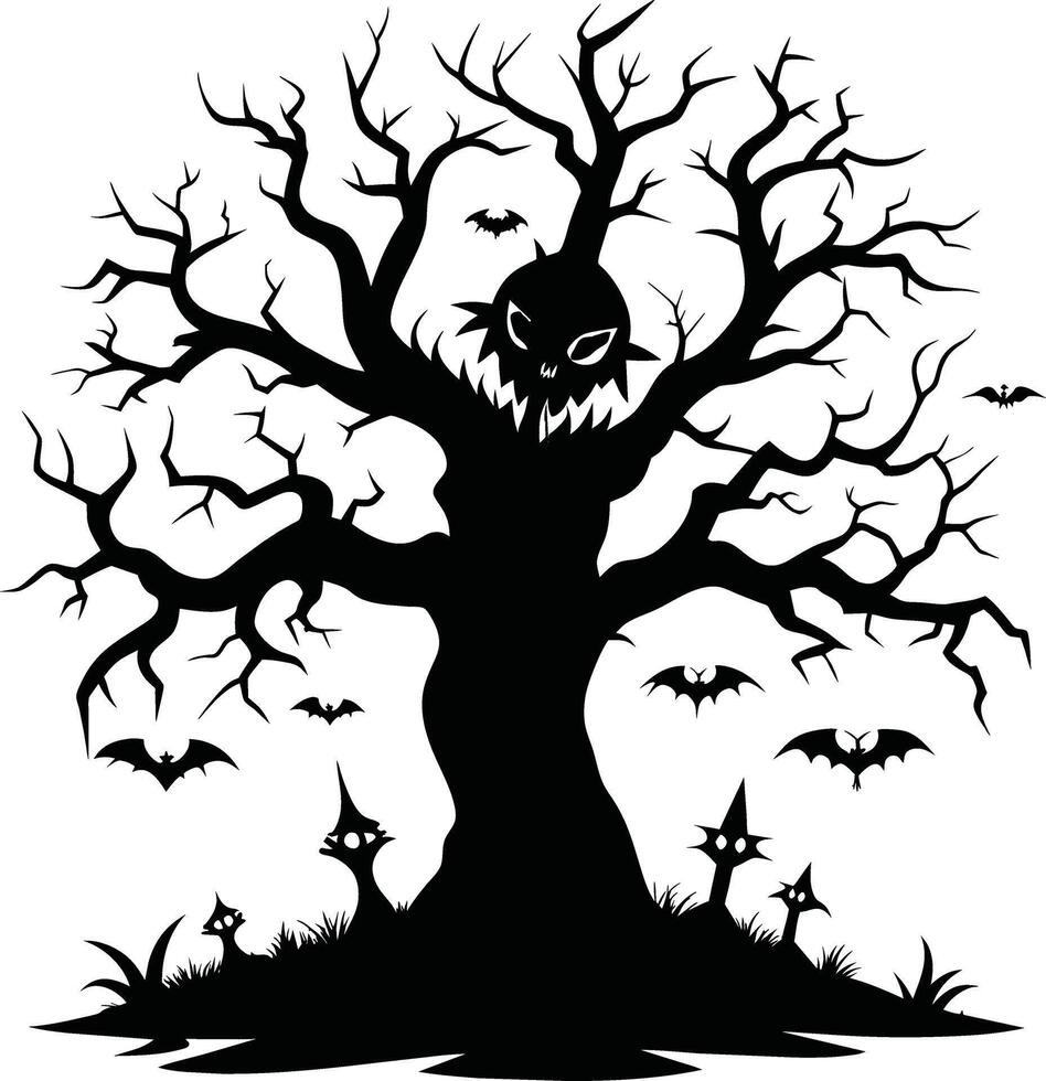 Halloween tree silhouette with scary face illustration vector