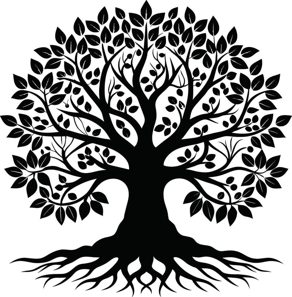A black and white tree silhouette with roots and leaves vector