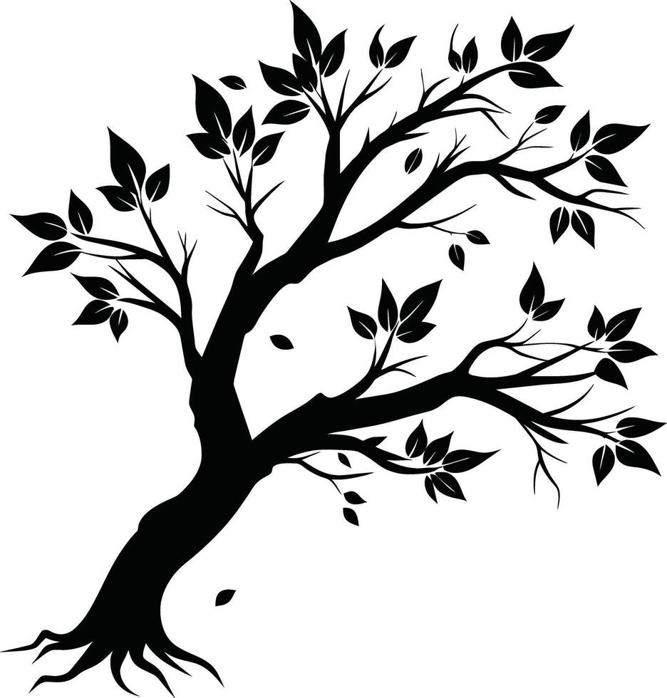 un negro y blanco silueta de un árbol rama con hojas vector