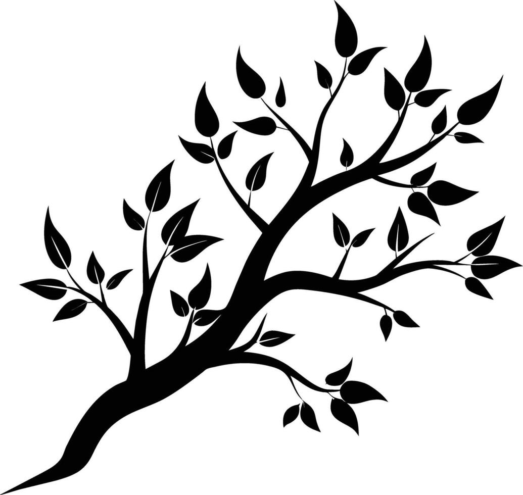 A black and white silhouette of a tree branch with leaves vector