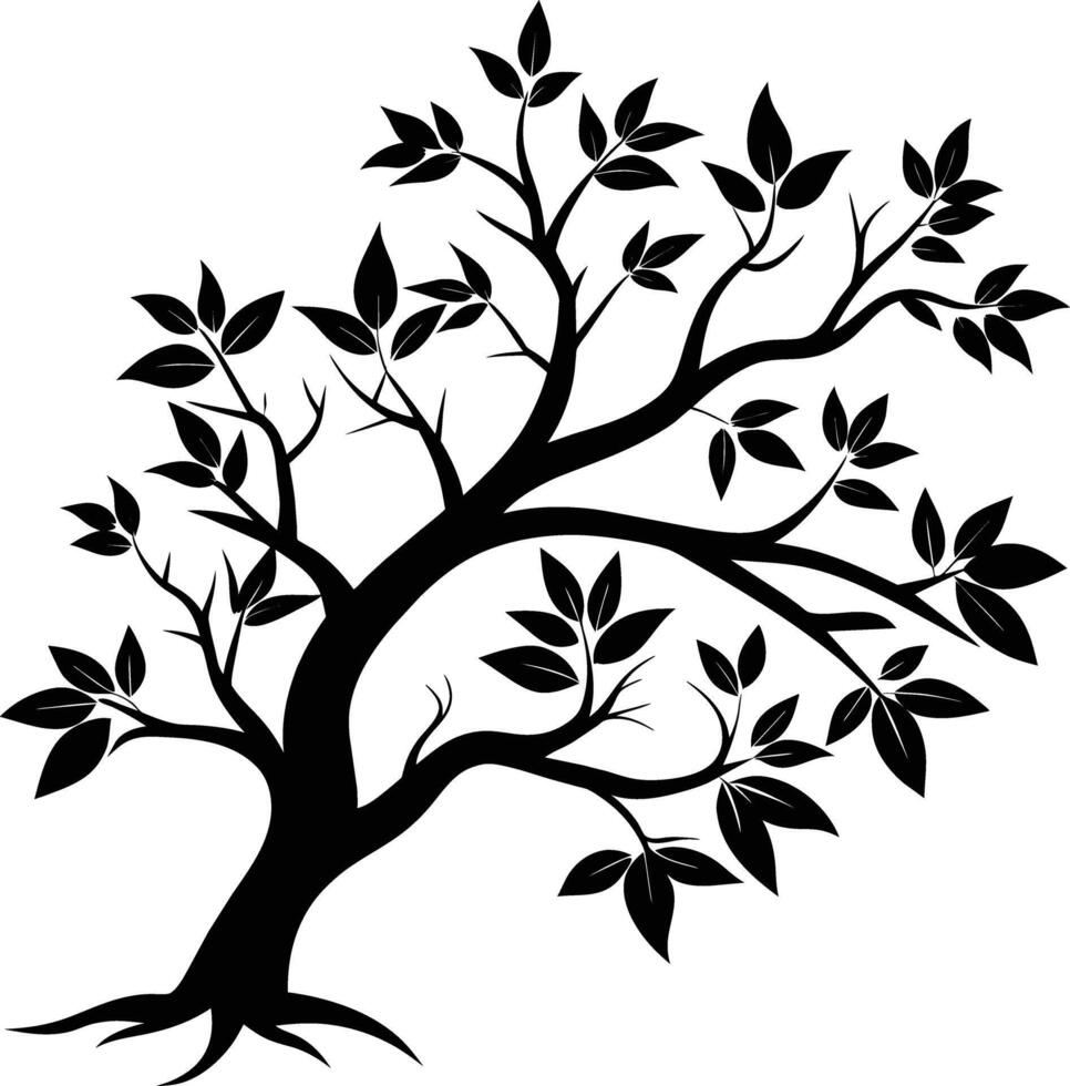 A black and white silhouette of a tree branch with leaves vector