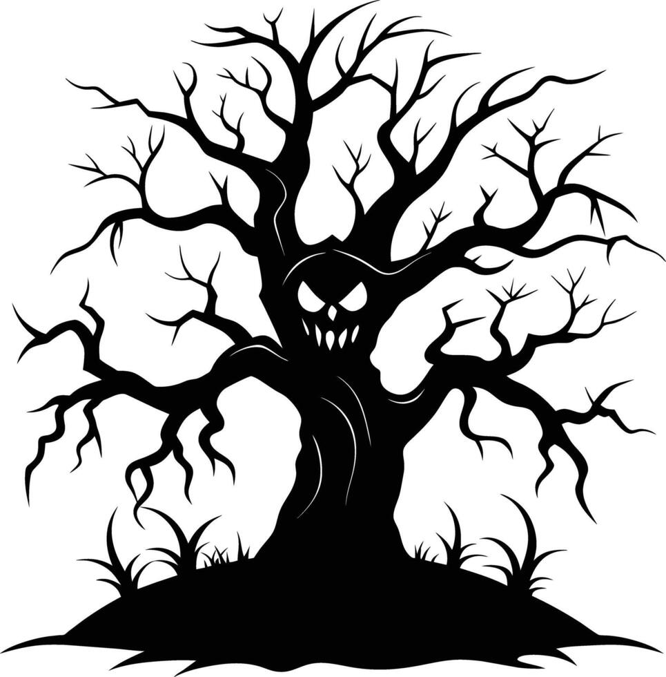 Halloween tree silhouette with scary face illustration vector