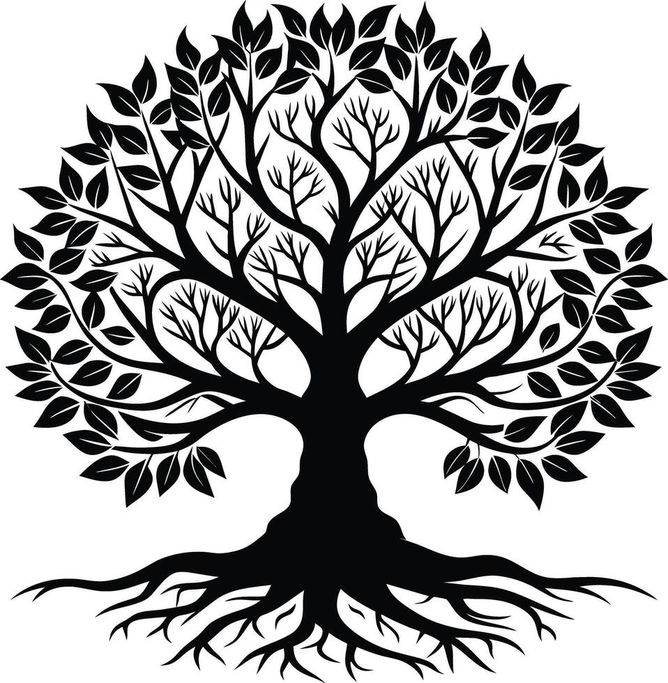 A black and white tree silhouette with roots and leaves vector