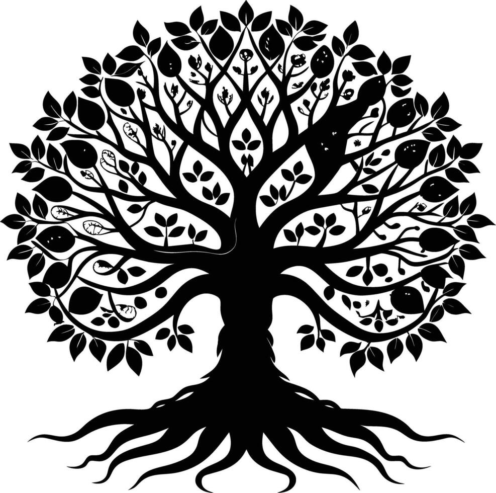 A black and white tree silhouette with roots and leaves vector