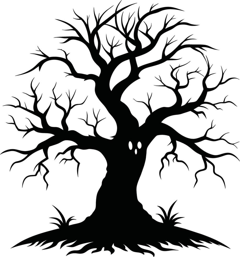Halloween tree silhouette with scary face illustration vector