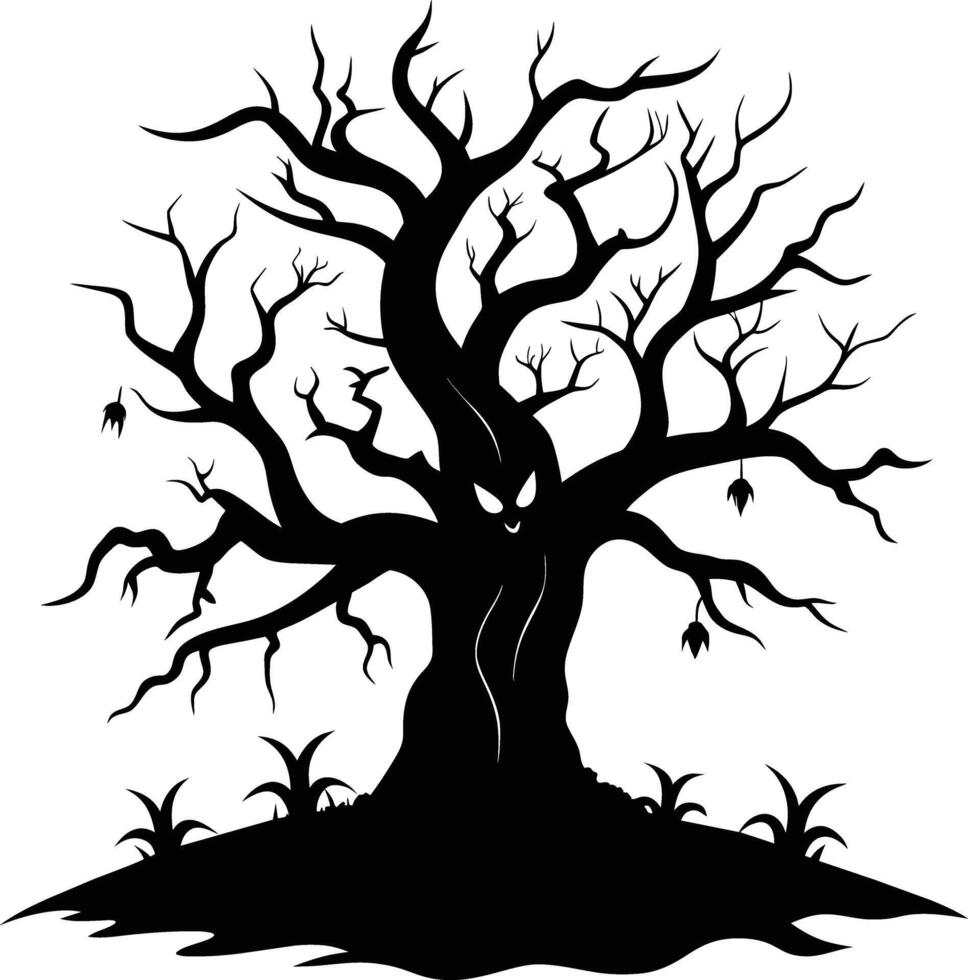 Halloween tree silhouette with scary face illustration vector