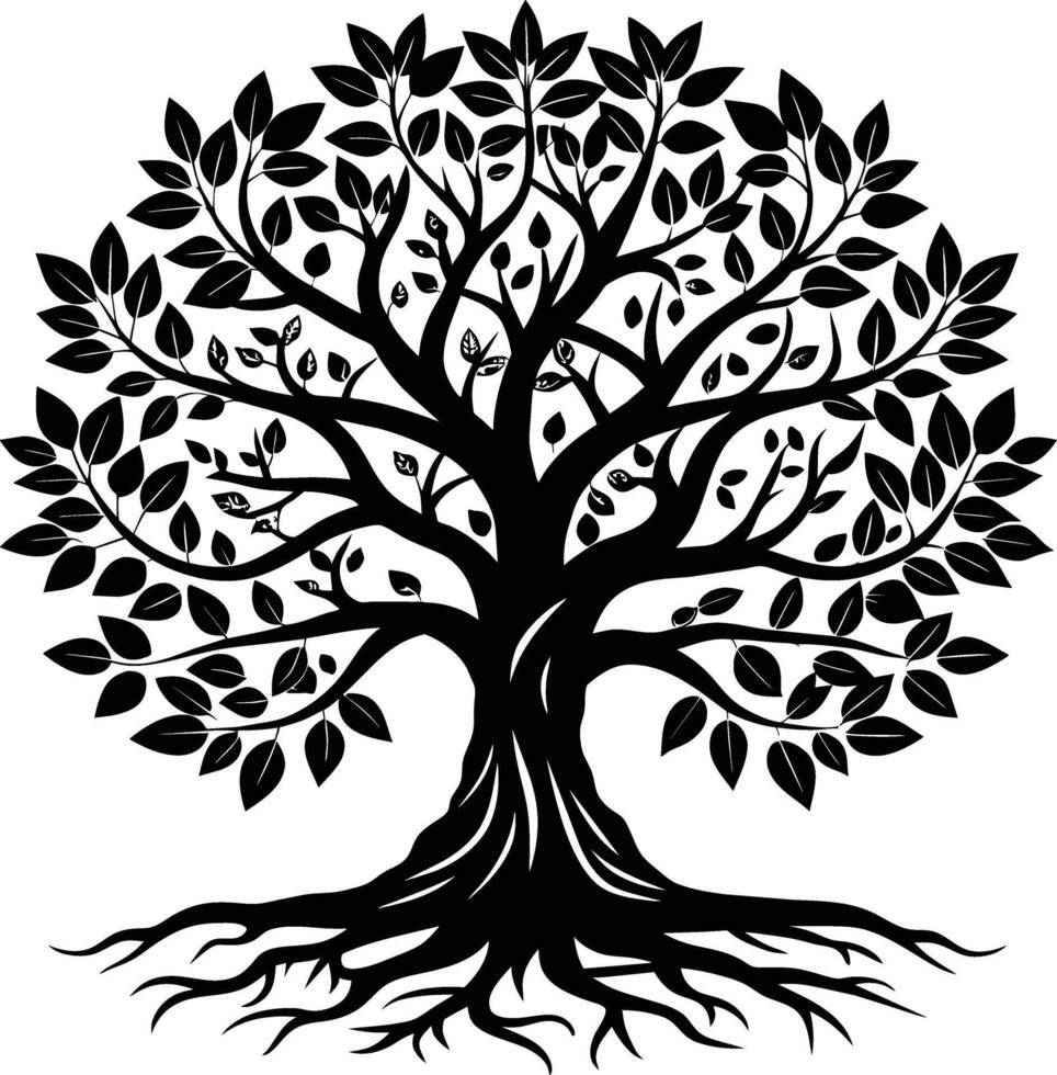 A black and white tree silhouette with roots and leaves vector