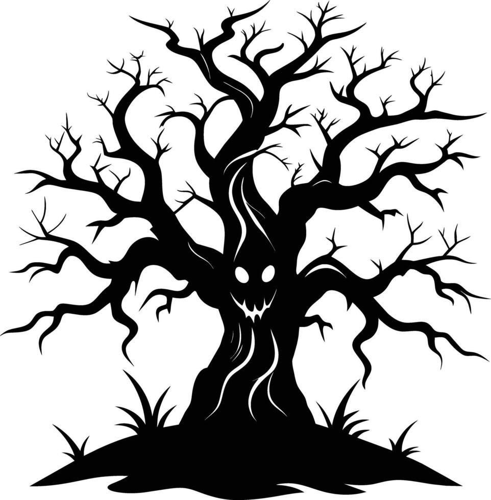 Halloween tree silhouette with scary face illustration vector