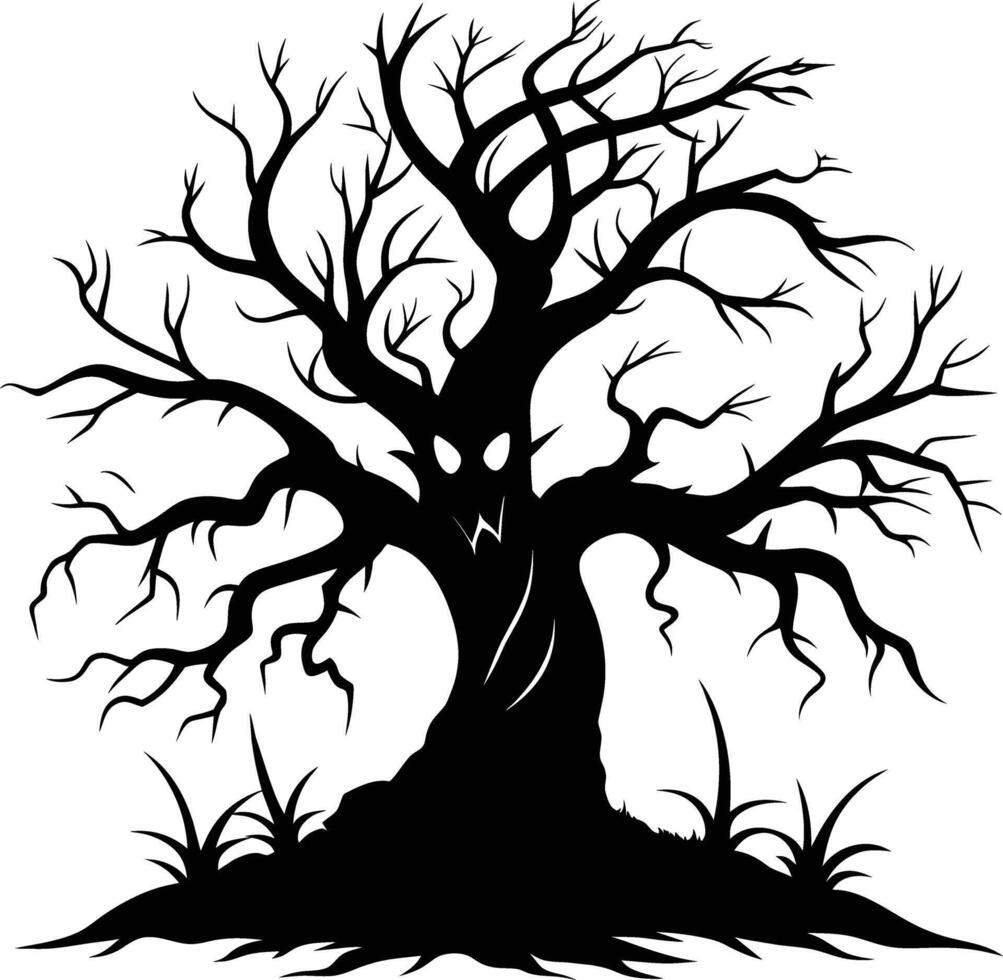 Halloween tree silhouette with scary face illustration vector