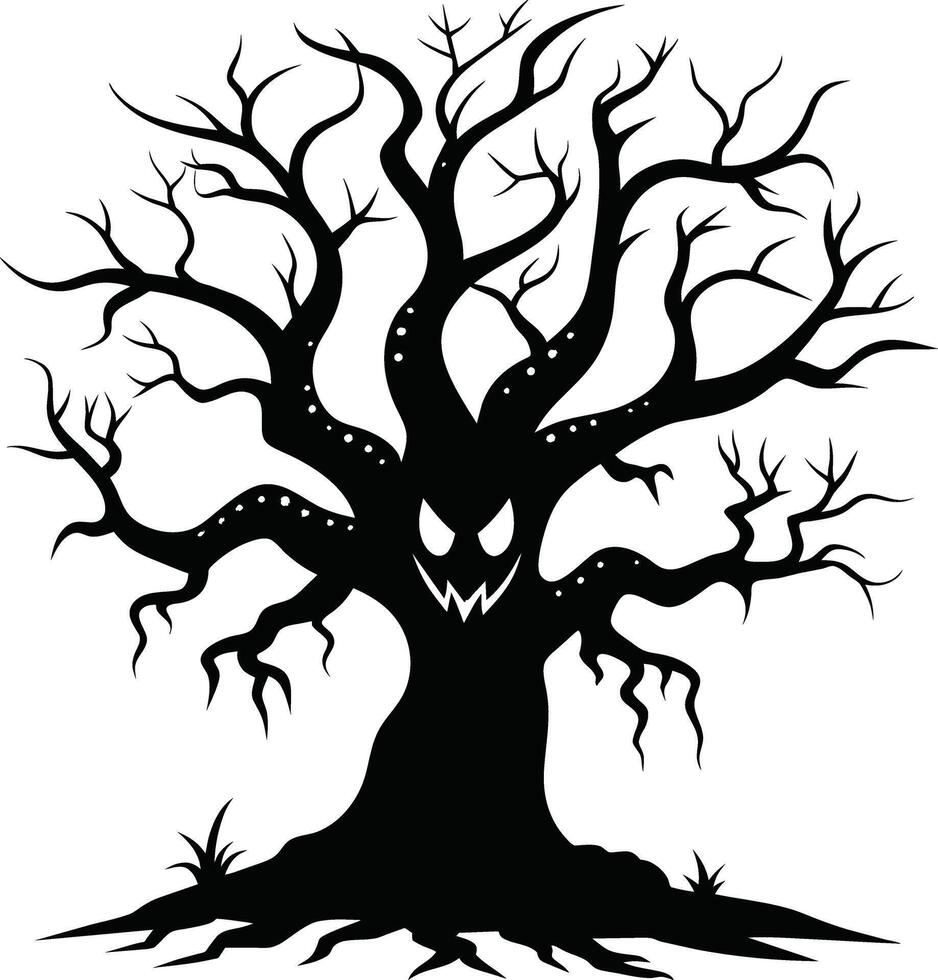 Halloween tree silhouette with scary face illustration vector