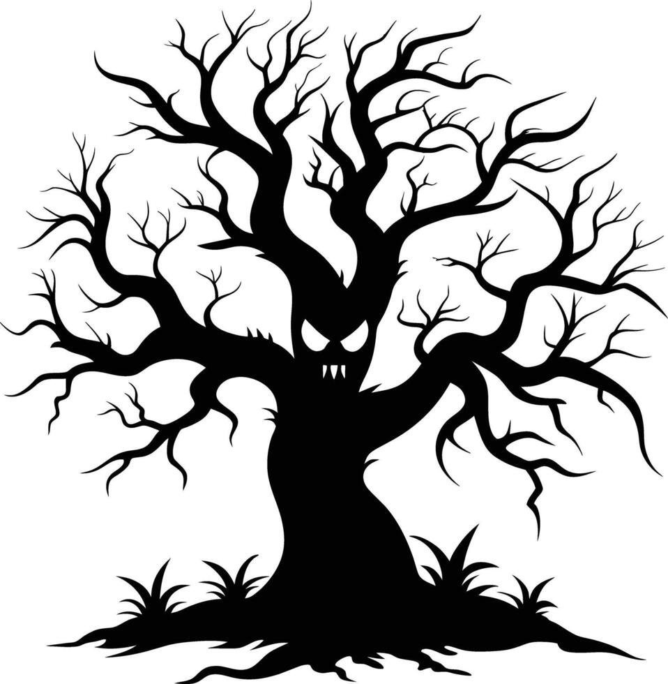 Halloween tree silhouette with scary face illustration vector