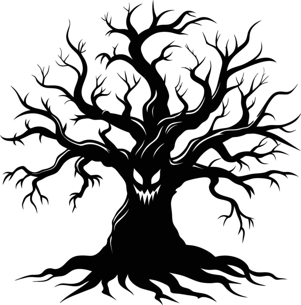 Halloween tree silhouette with scary face illustration vector