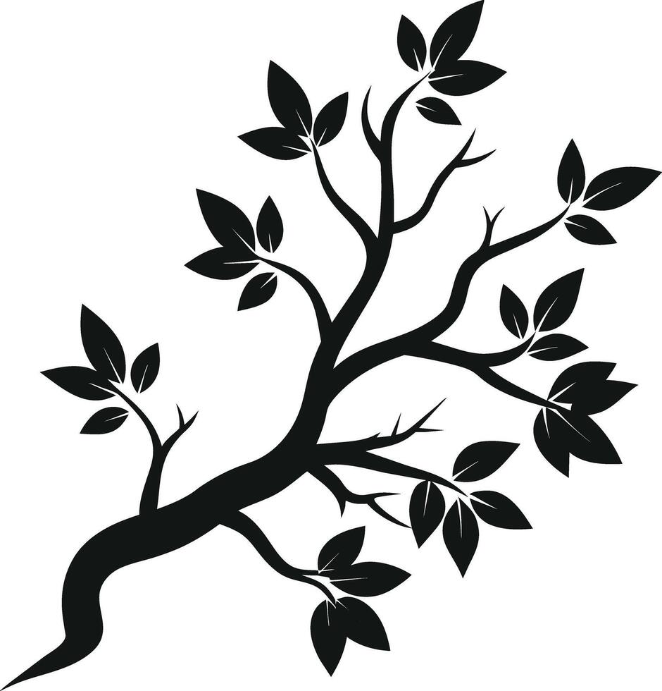 A black and white silhouette of a tree branch with leaves vector
