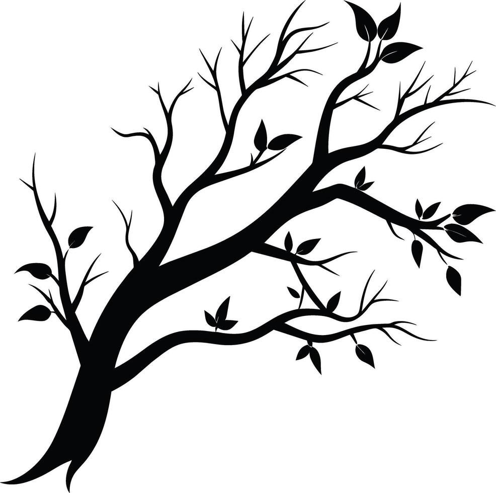 A black and white silhouette of a tree branch with leaves vector