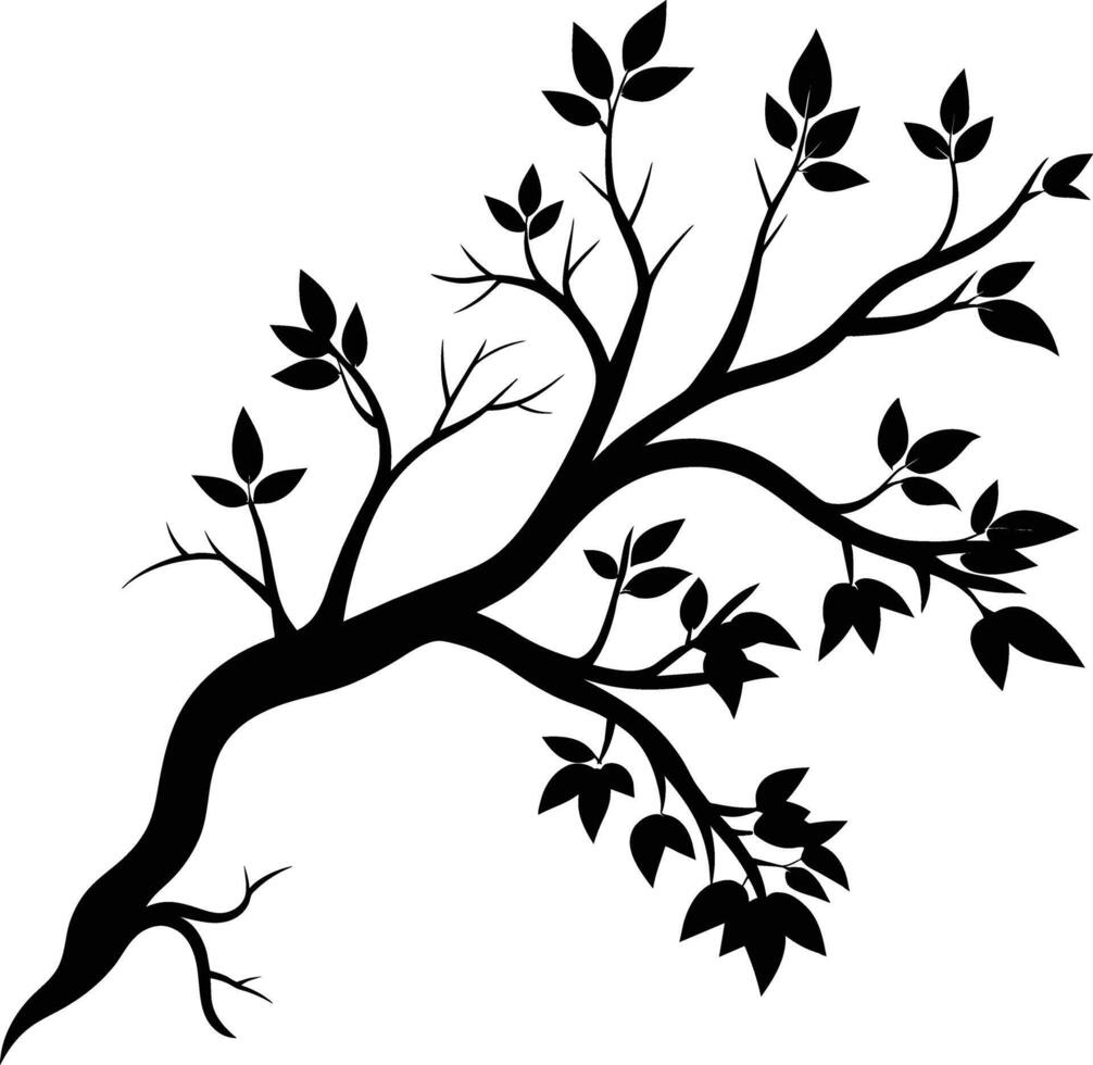 A black and white silhouette of a tree branch with leaves vector