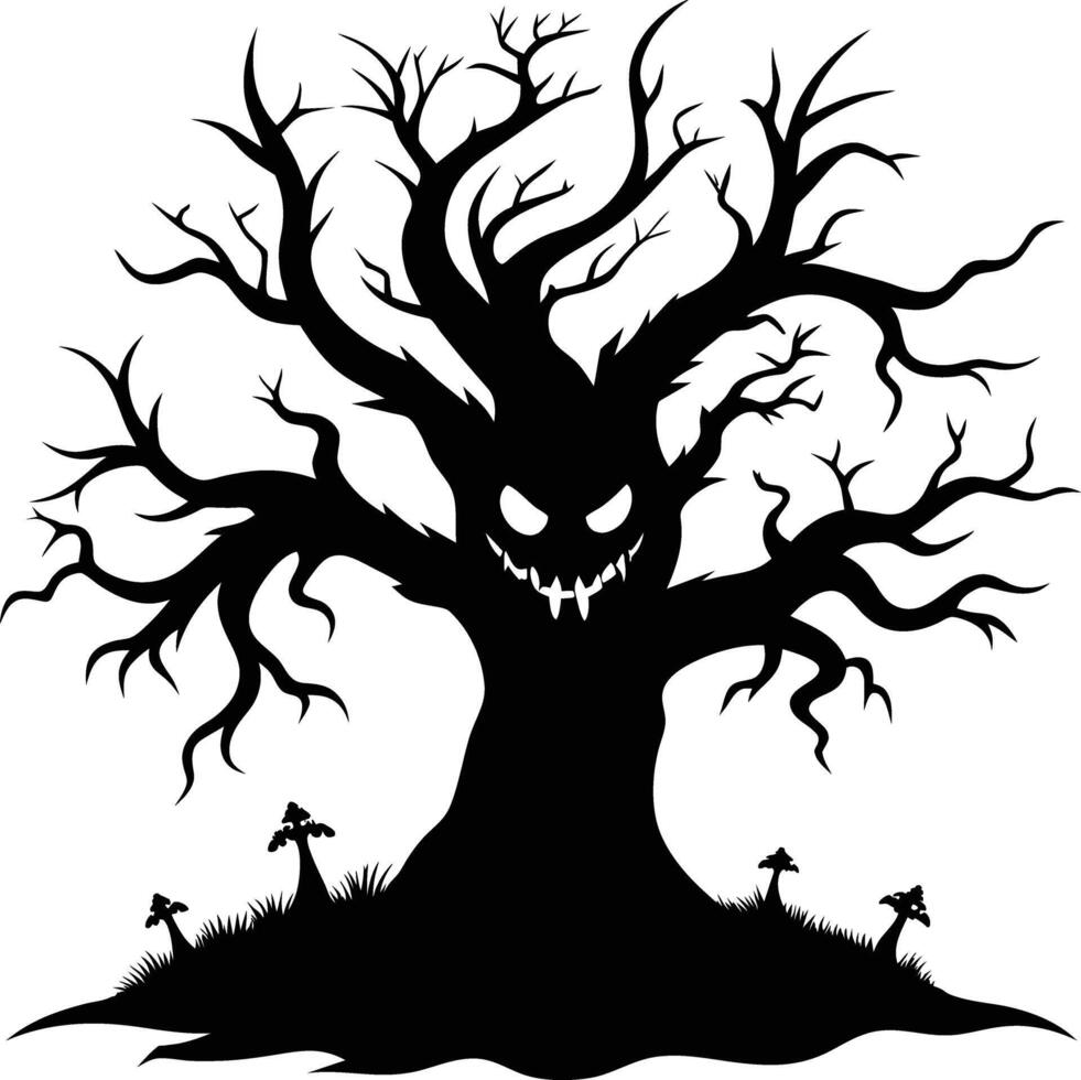 Halloween tree silhouette with scary face illustration vector