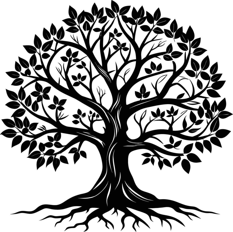 A black and white tree silhouette with roots and leaves vector