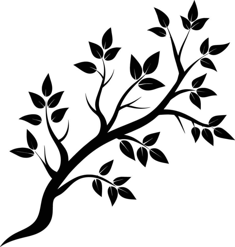 A black and white silhouette of a tree branch with leaves vector