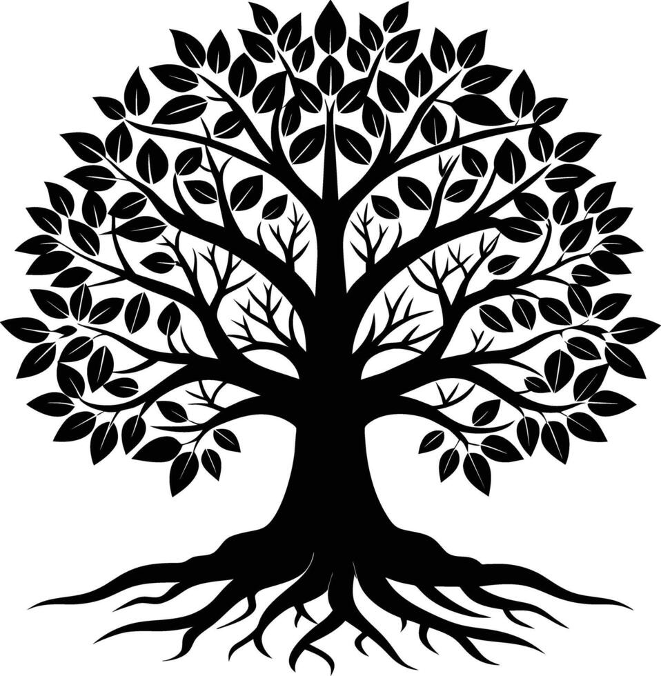 A black and white tree silhouette with roots and leaves vector