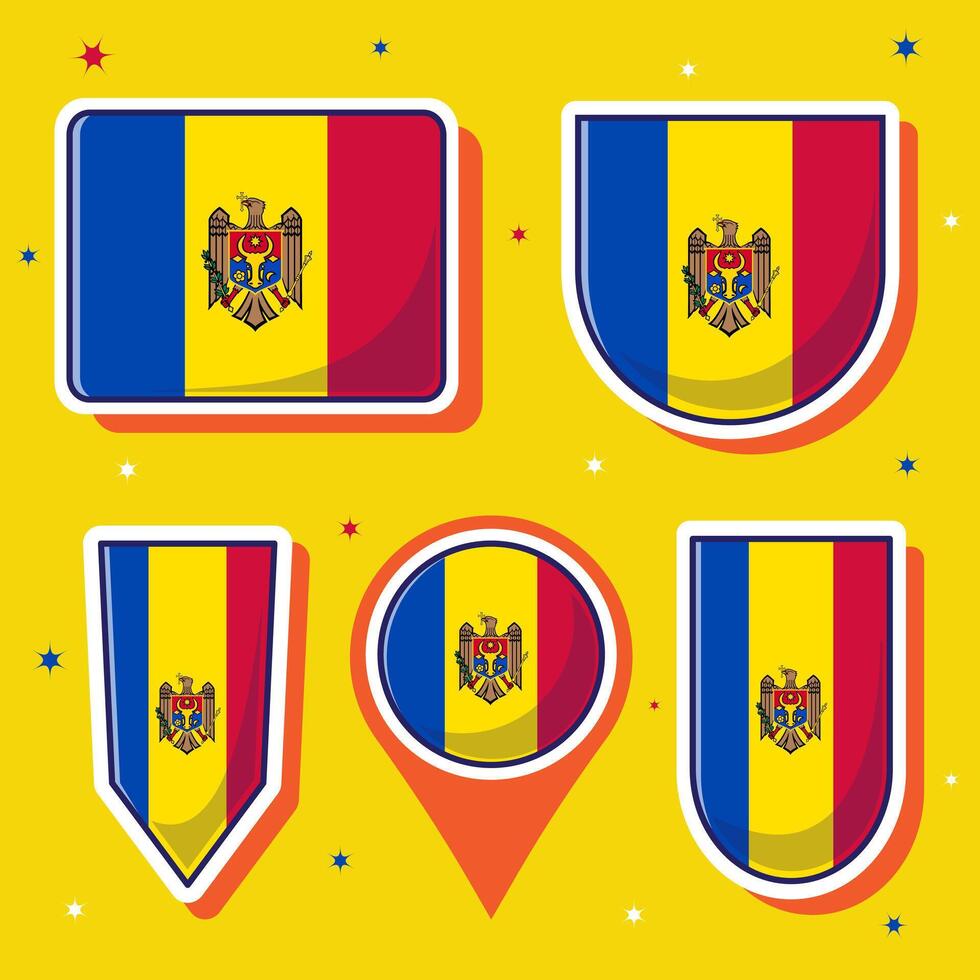 Flat cartoon illustration of Moldova national flag with many shapes inside vector