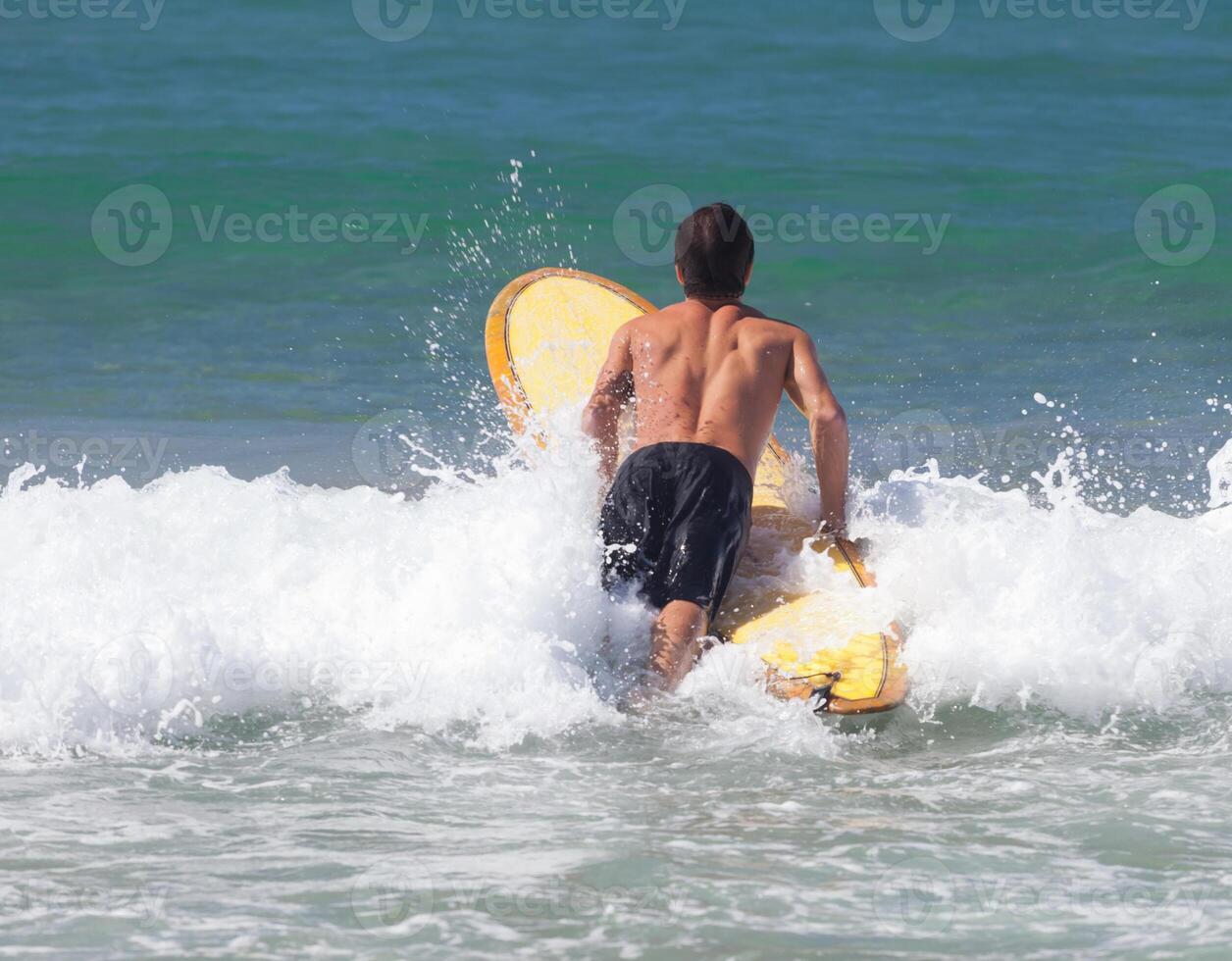 Surfer on longboard rides a wave in the sea photo