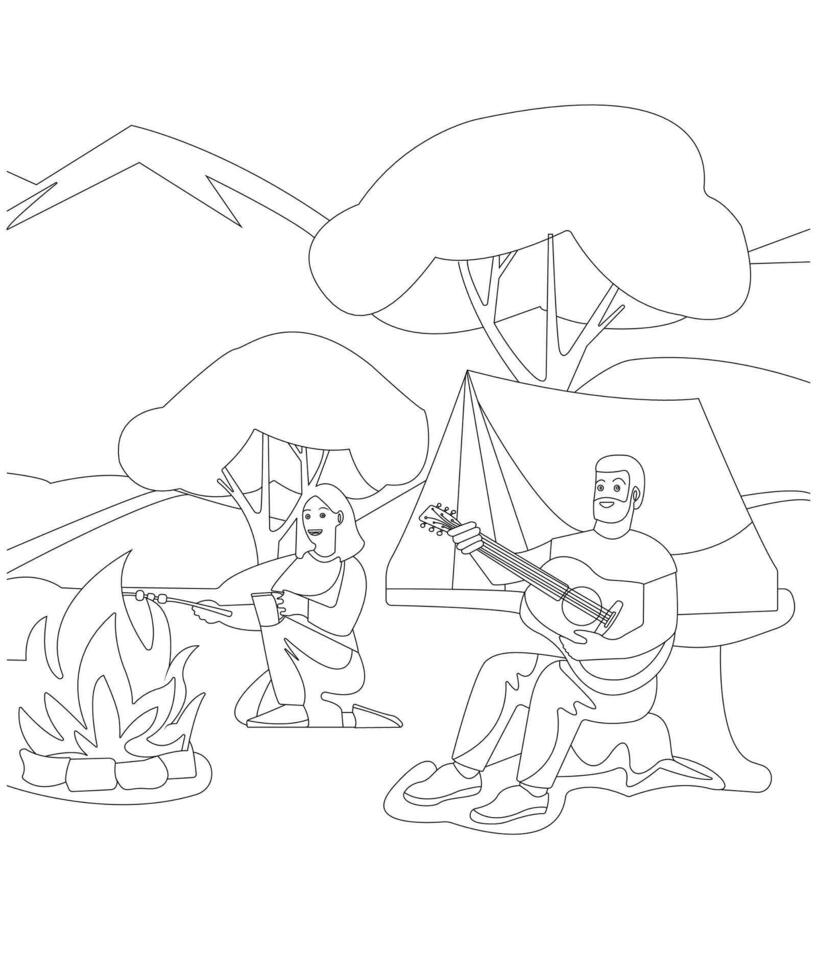 Unique Camping coloring page for kids and adults. camping coloring book page for children. vector