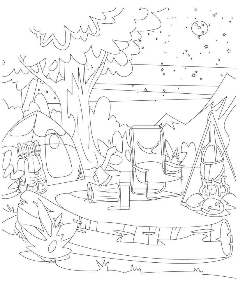 Unique Camping coloring page for kids and adults. camping coloring book page for children. vector