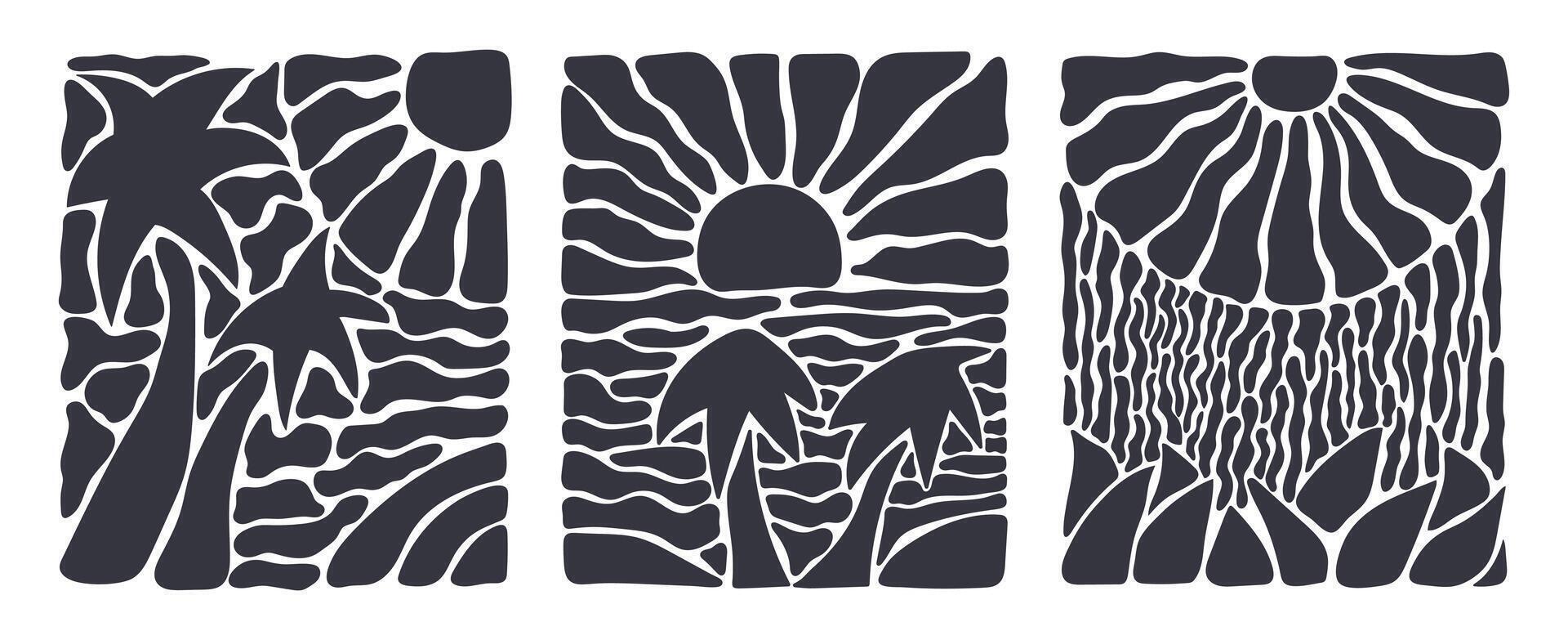 Set of abstract groovy curve seascape. Drawn black sun and sea palm tree in modern vintage style. Organic doodle shapes in trendy naive hippie 60s 70s style. vector