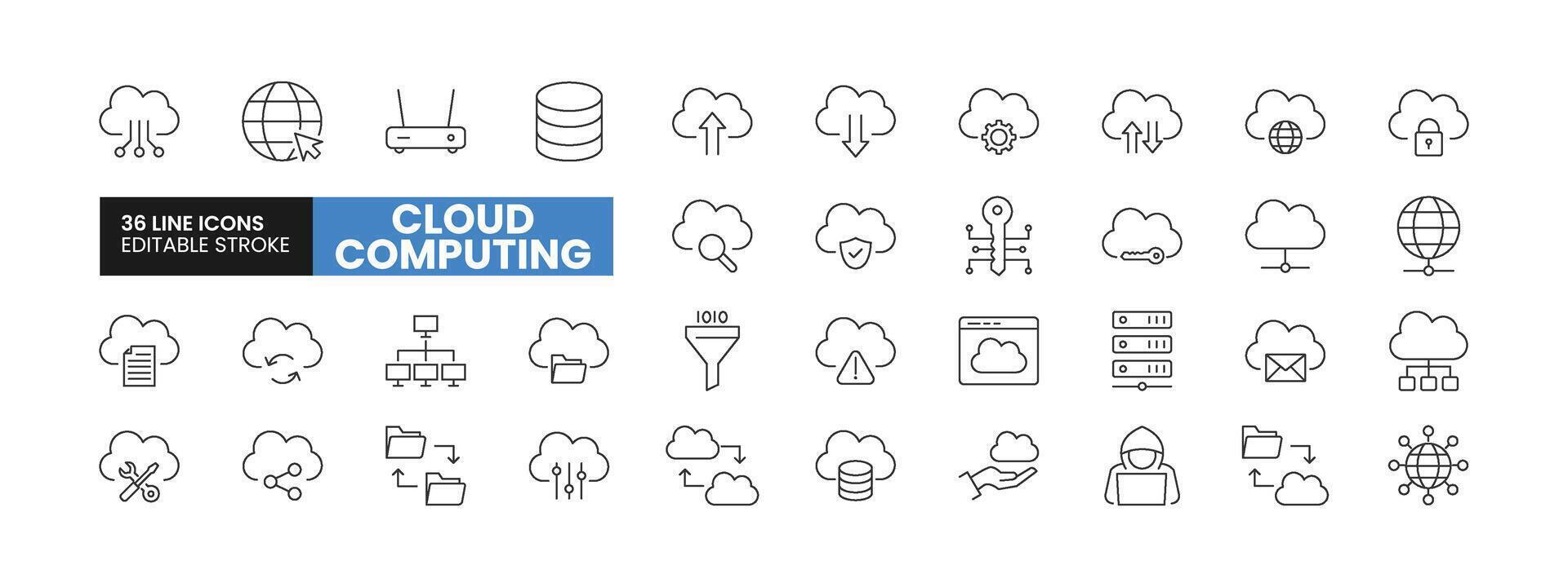 Set of 36 Cloud Computing line icons set. Cloud Computing outline icons with editable stroke collection. Includes Cloud Computing, Download, Upload, Server, Database, and More. vector