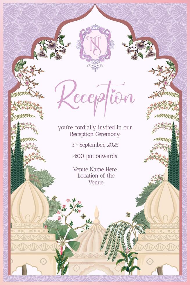 tradicional indio Mughal Boda recepción invitación tarjeta diseño con tropical árbol, pichwai arte, Mughal decorado cúpula, Nuevo Testamento monograma con cresta vector