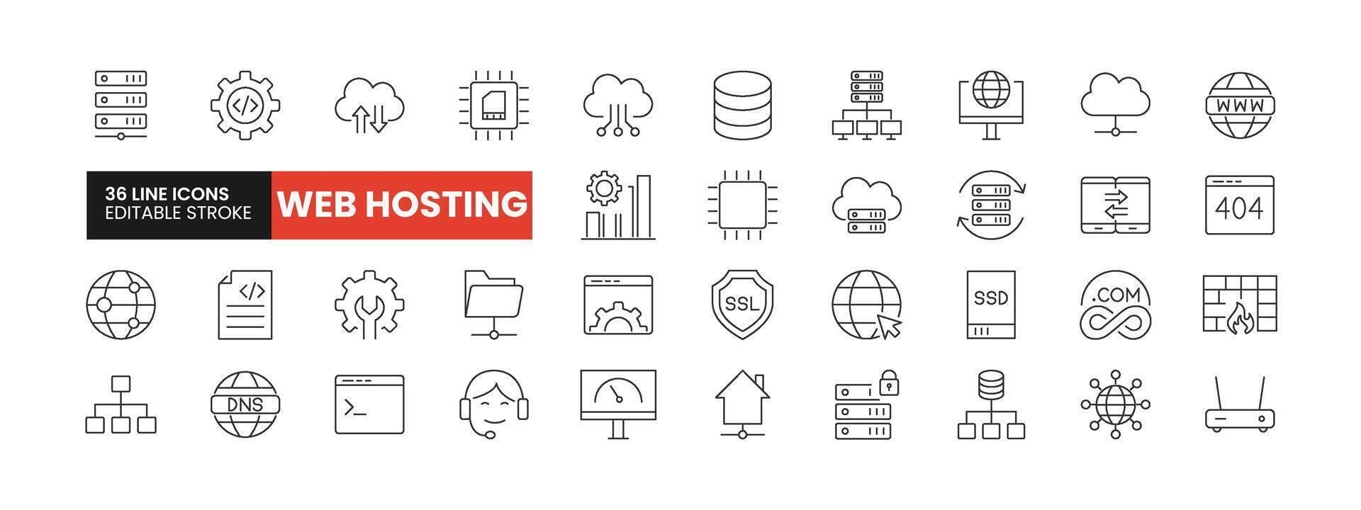 Set of 36 Web Hosting line icons set. Web Hosting outline icons with editable stroke collection. Includes DNS, Database, Cloud Computing, Global Network, Speed Optimization, and More. vector