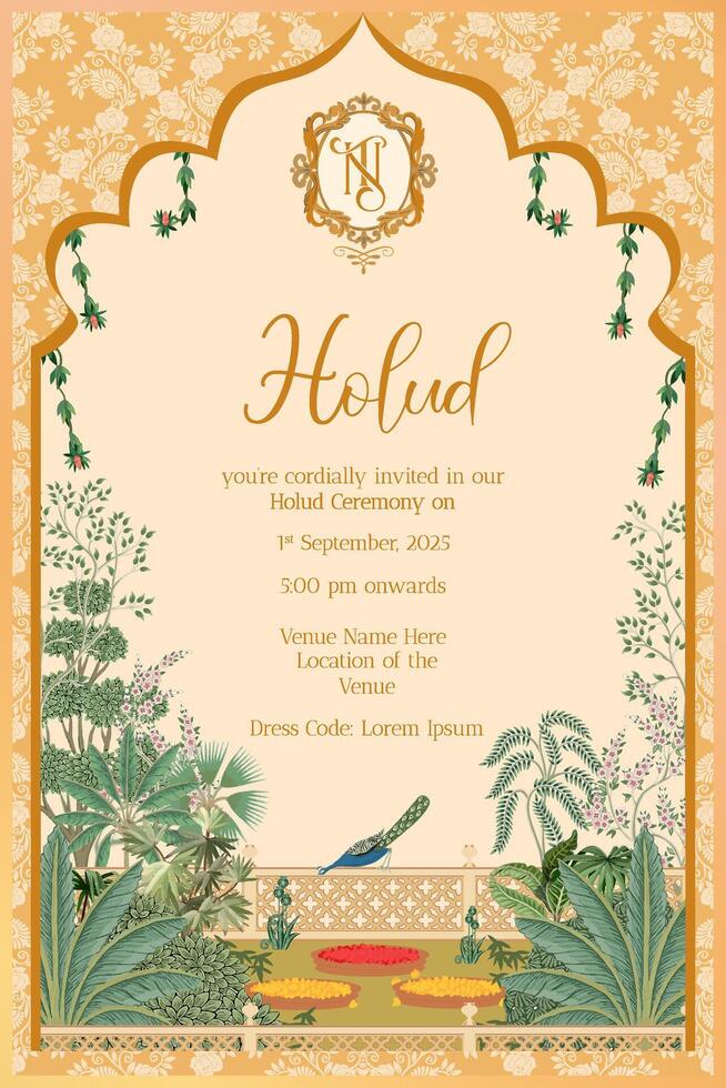 Haldi Night Wedding Invitation Card. Traditional Indian Mughal Wedding Holud Night Invitation Card Design with Tropical Tree, Pichwai art Yellow Background, NT Monogram with Crest vector