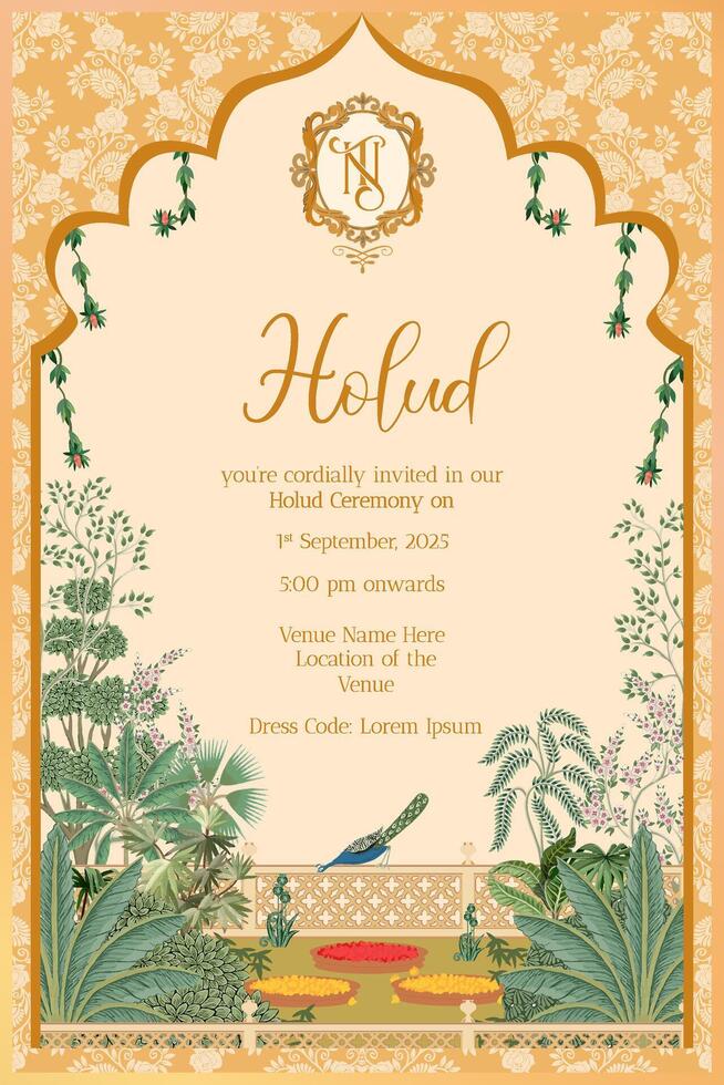 Haldi noche Boda invitación tarjeta. tradicional indio Mughal Boda hola noche invitación tarjeta diseño con tropical árbol, pichwai Arte amarillo fondo, Nuevo Testamento monograma con cresta vector