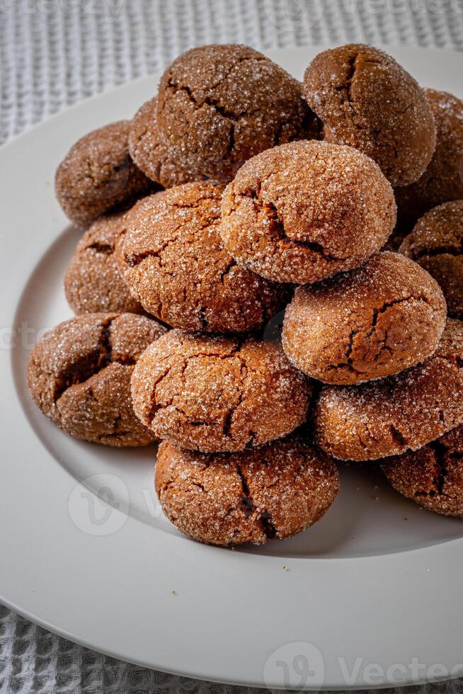 Warm Homemade Gingersnap Cookies on a light background in a plate photo