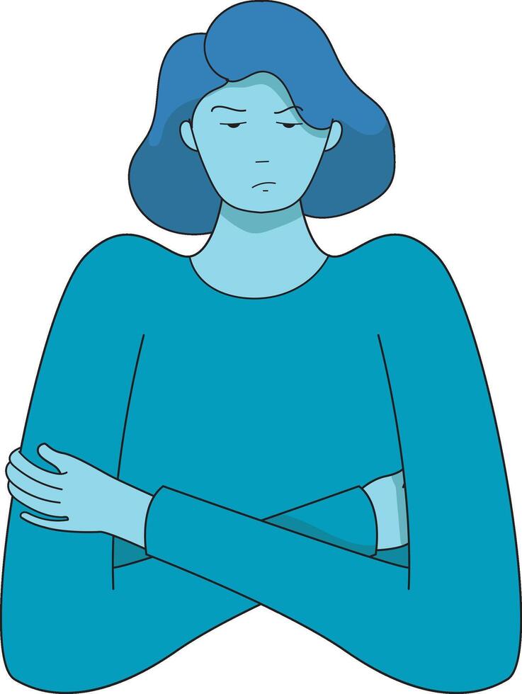 blue color girl staring in angry mood simple flat art illustration vector