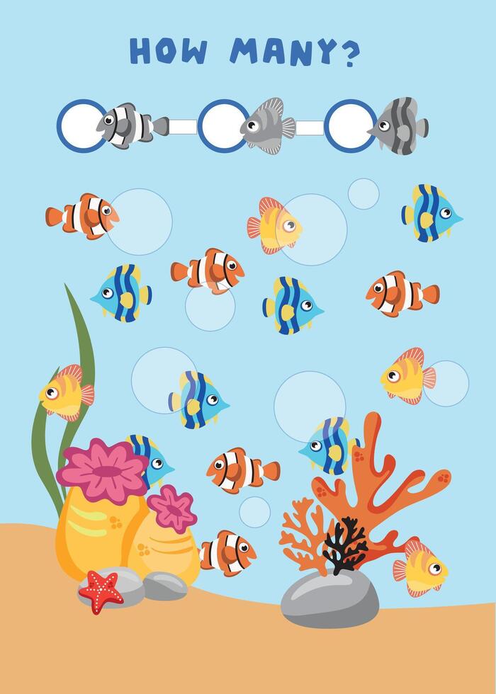 Mini-games for children. preschoolers. How many fish in the image. Image with cartoon fish. Games 3-4 years. Mini-games for children. Development of logic in children. vector