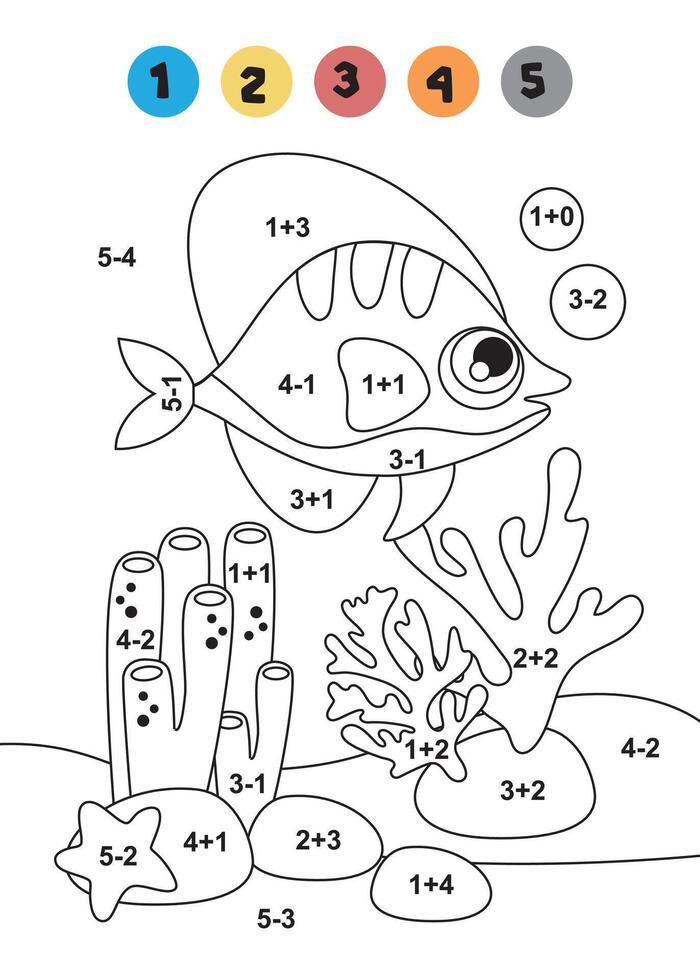 mini juegos para niños. preescolares sencillo colorante libro para niños. sencillo matemático ejemplos arriba a número 5. imagen con pescado y algas. lógico problema vector