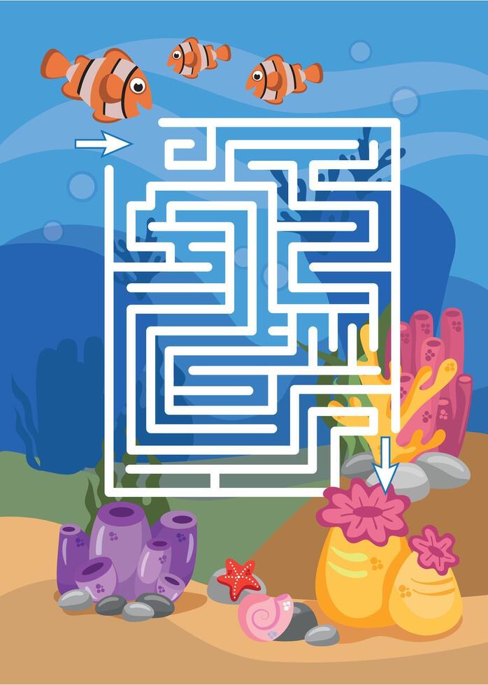 Mini-games for children. preschoolers. maze, help the fish get to the house. Picture with cartoon fish. Games 3-4 years. Mini-games for children. Development of logic in children. vector