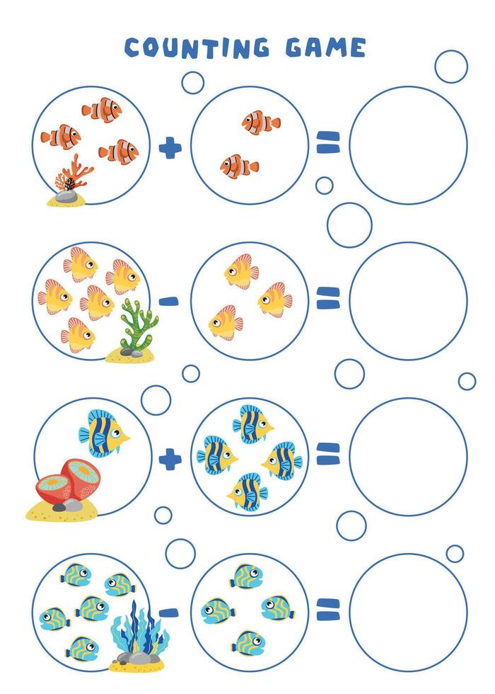 Mini games for children. Preschoolers. Mathematical examples up to 5. Simple mathematics for preschoolers. How many fish live in the sea. vector