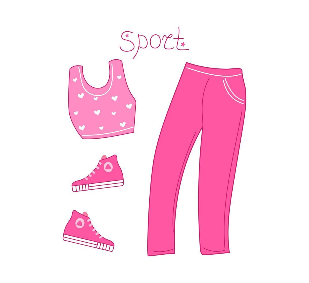 rosado de moda Deportes colección de ropa y zapatos. Deportes traje, zapatillas para corriendo y capacitación. pantalones y camiseta para chicas. conjunto de muñeca accesorios. ilustración, aislado antecedentes. vector