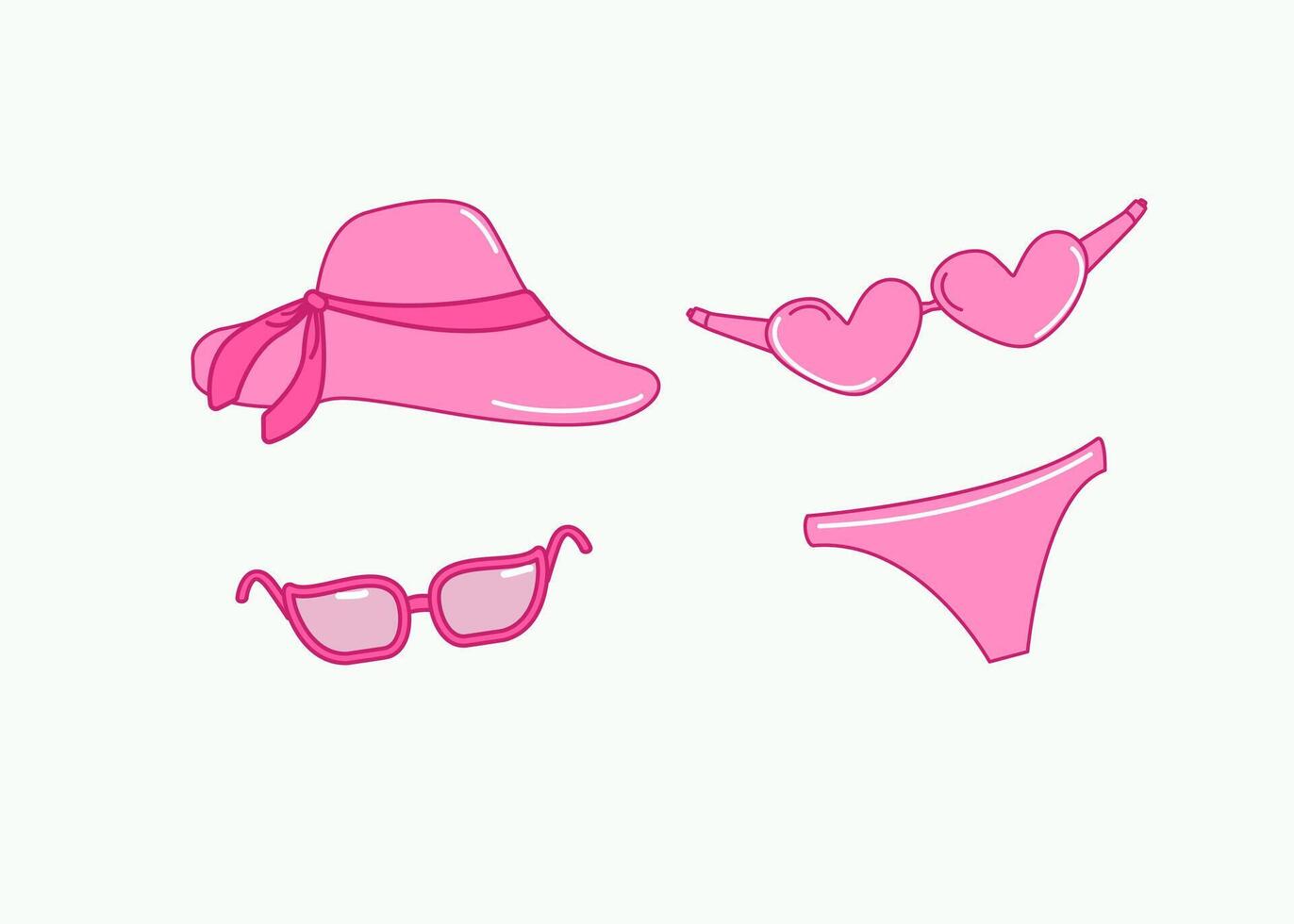 Set of pink beach accessories. Sunglasses, swimsuit, hat. Drawn icons, doodle. Summer holiday at sea, vacation. illustration on isolated background. vector