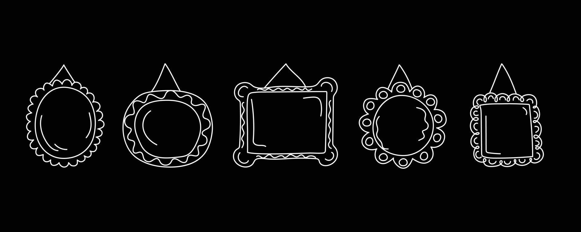 Simple linear icons, cartoon frames set. Doodle, hand drawn collection of vertical blank templates for text decoration. Congratulatory or wedding frames. layouts, space for text, photos. vector