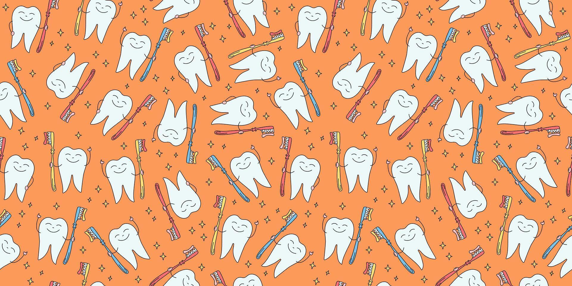 Dentistry pattern. Tooth with a toothbrush in hand. Brushing teeth, oral hygiene. Shiny healthy happy white tooth. Stars. Doodle style. graphics. Seamless background. vector